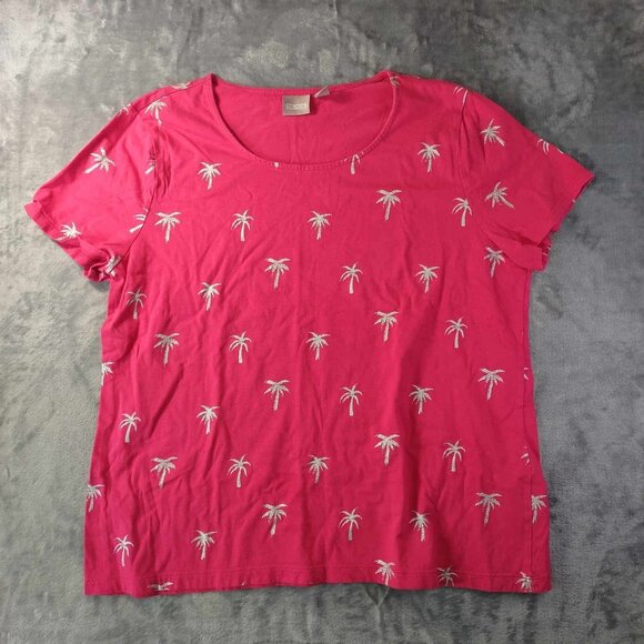 Chicos‎ Women's 3 Vibrant Pink Palm Tree Short Sleeve T-Shirt Beachy Resortwear - Picture 1 of 9